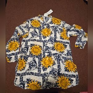 New! Vintage Daniel Field Silk Blouse Button Up Navy & Yellow Sunflowers Large
